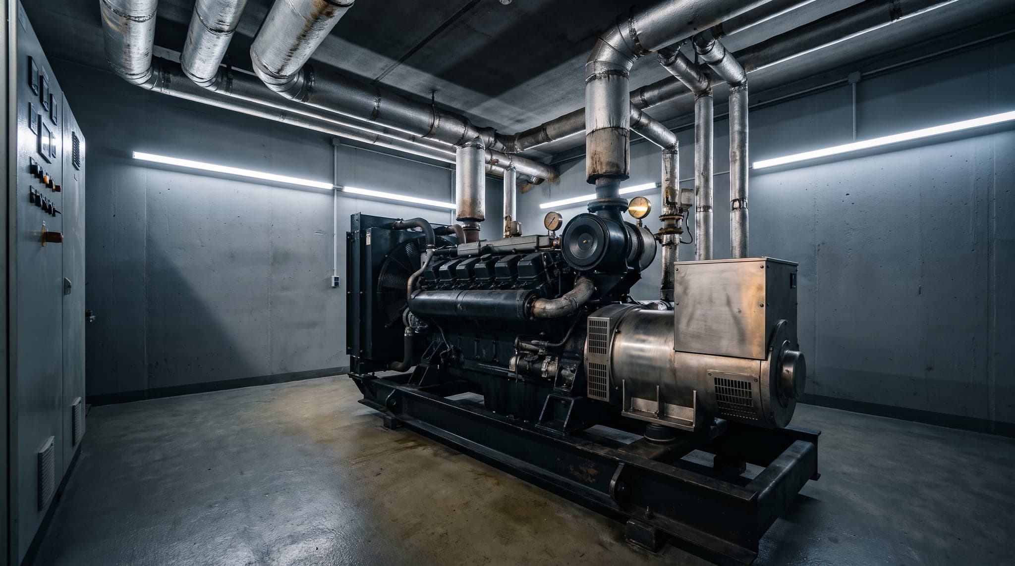 Binnenzijde van een Zeno-installatie: motorblok gekoppeld aan de generator, met geïsoleerd leidingwerk