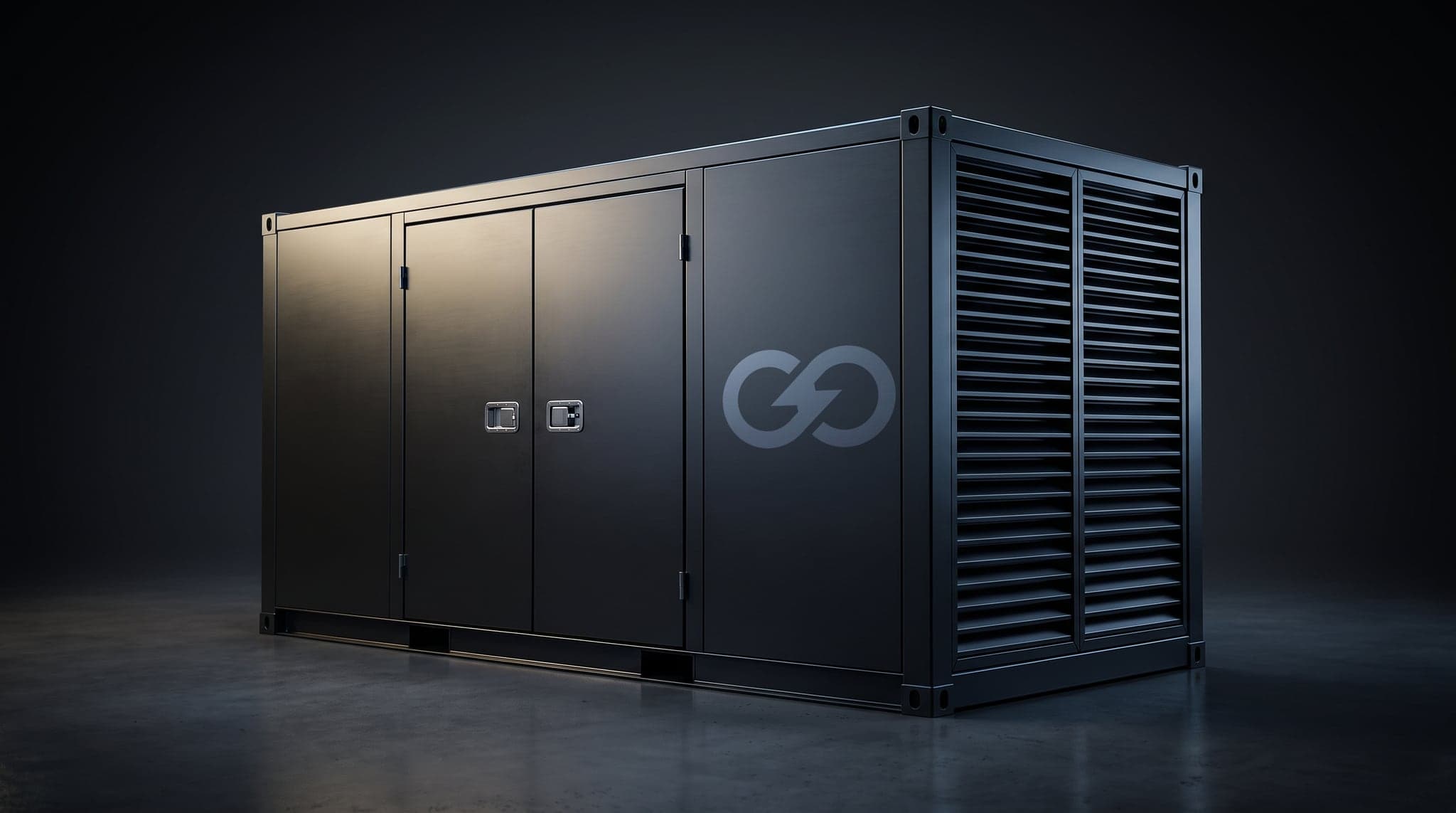 Zeno energiegenerator als gesloten unit met ventilatierooster, studio-opname tegen een donkere achtergrond