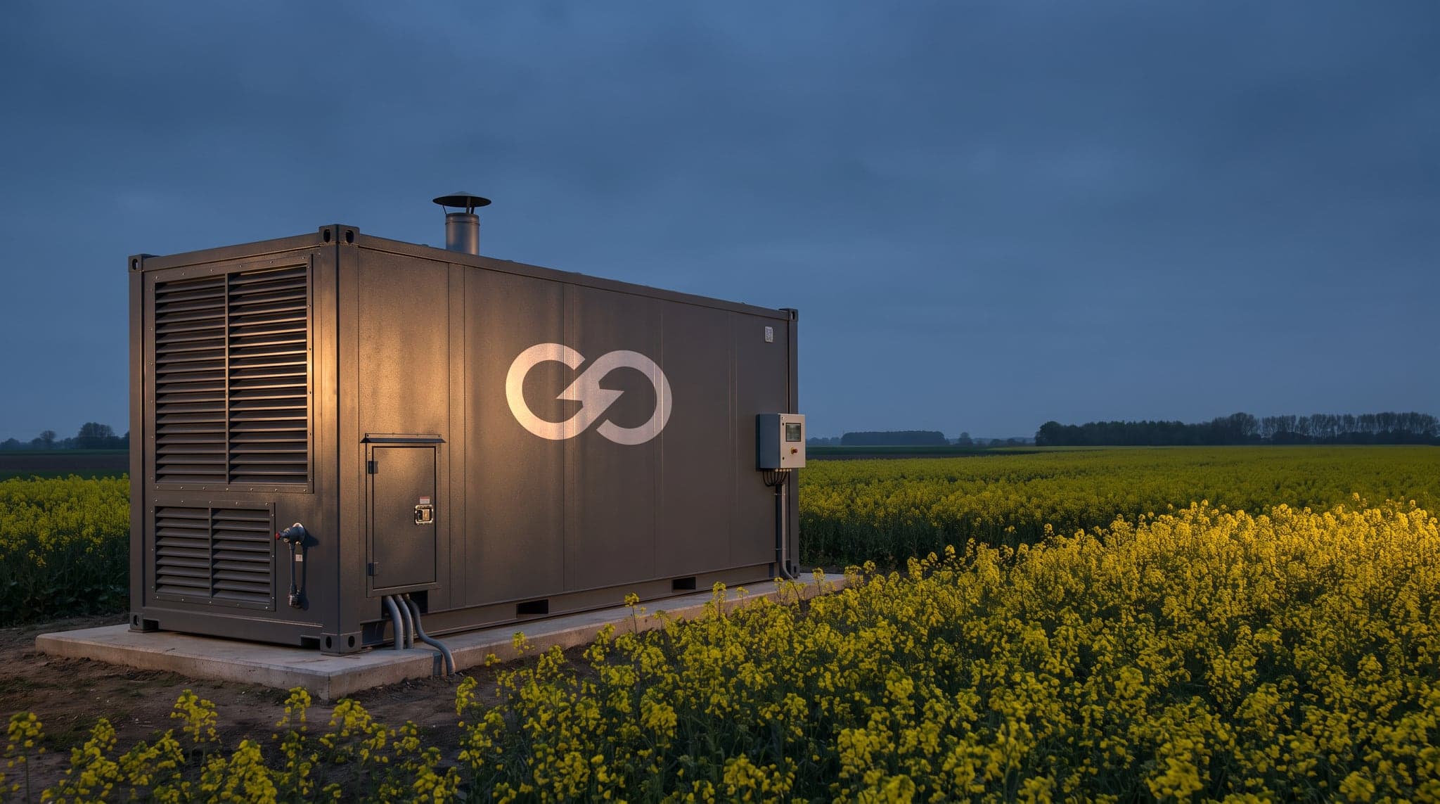 Zeno energiegenerator aan de rand van een koolzaadveld in de schemering, met ventilatieroosters en uitlaat